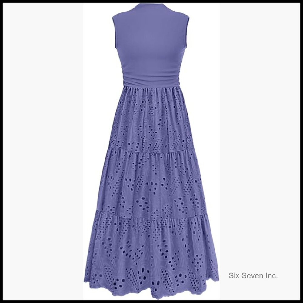 Casual Eyelet Sleeveless Maxi Dress With Pockets